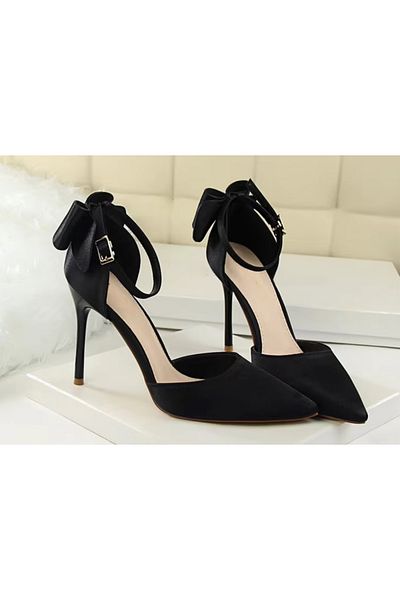 Felisya Butik Bow Detailed Black Satin Heeled Shoes 10.5 Cm-Felisyabutik