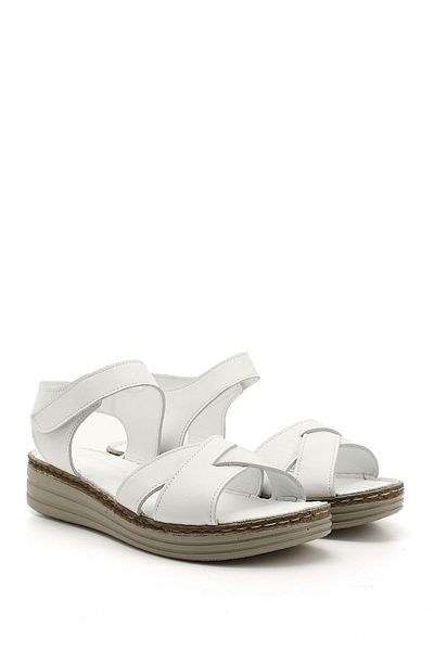 GÖNDERİ(R) Sandale confortabile din piele naturală cu toc cu pană cu velcro alb pentru femei/fete