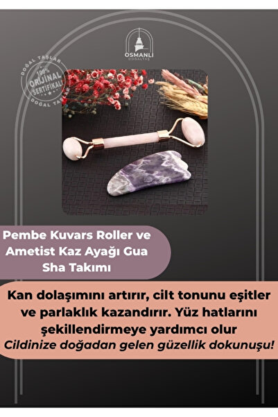 OSMANLI DOĞAL TAŞ Sertifikalı Pembe Kuvars Roller Ve Ametist Kaz Ayağı Gua Sh...