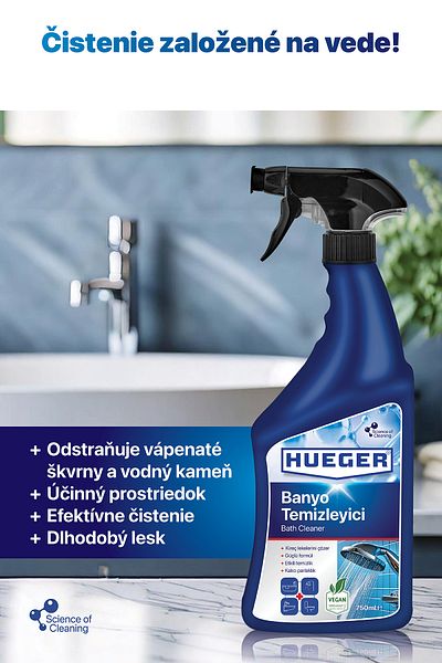 Hueger Vegánsky čistiaci prostriedok do kúpeľa – účinný odstraňovač vodného kameňa a nečistôt s penovou a rozprašovacou hlavicou, 750 ml