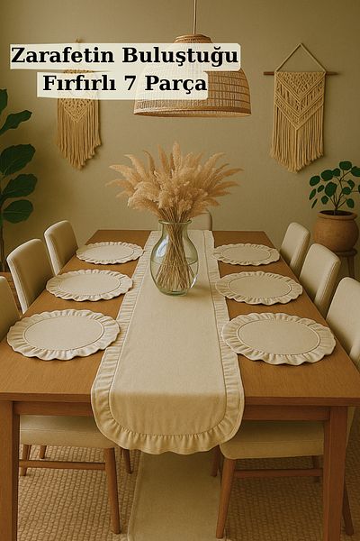 KAMİZ Σετ λινό Runner & 6 τεμαχίων Frilly Supla - Σετ προίκας 7 τεμαχίων