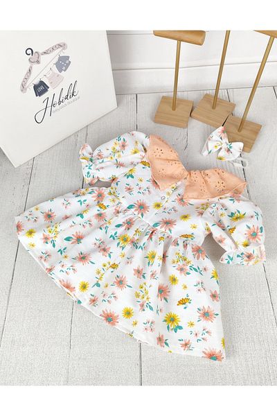 Hobidik Bebeluş Fetiţă Copil Rochie Florală de in portocaliu cu guler festonat