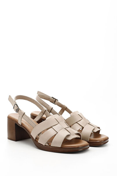 GÖNDERİ(R) Women's Beige Antique Knitted Strappy Thick Heeled Genuine Leather Sandals