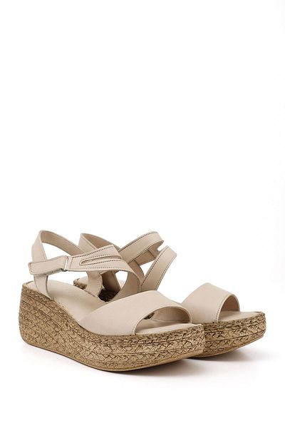 GÖNDERİ(R) Women / Girls Beige Antique Velcro Strap Wedge Sole Genuine Leather Sandals