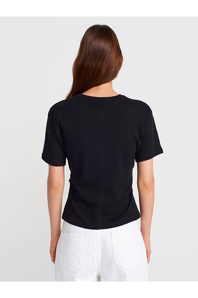 Dilvin 31874 Slit Detailed T-Shirt-Black