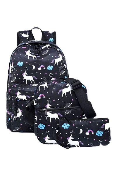 HALAMODO 3-Piece Unicorn Printed Backpack Set Black/White/Blue