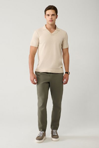 Avva Men's Light Khaki Relaxed Fit Side Pockets Elastic Waist 100% Cotton Linen Textured Trousers E003052