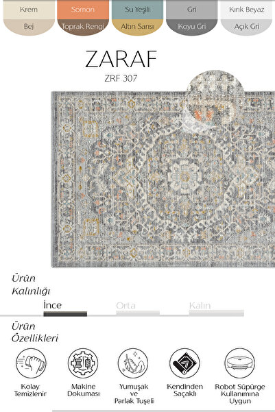 Cool Halı Zaraf Light Gray Classic Round Carpet – Thin Summer Ethnic Vintage Woven Rug for Living Room