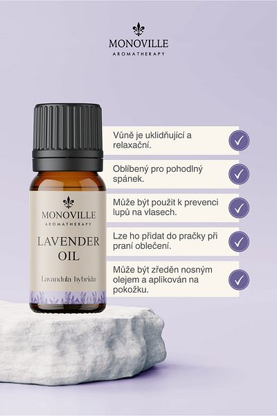Monoville Levandulový esenciální olej - 10 ml, 100% čistý a přírodní (levandulový esenciální olej)