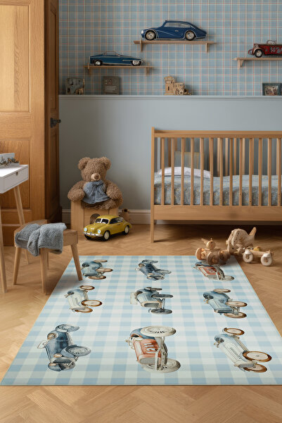 Cool Halı Bonita Mavi Damalı Halı Vintage Arabalı Bebek Çocuk Halısı Makinede...