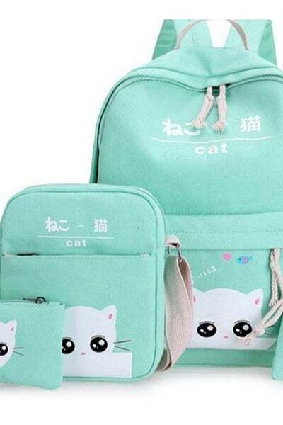 HALAMODO 4-Piece Cat Printed Student Backpack Set Blue/White
