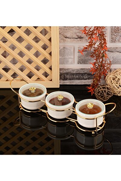 Genel Markalar 3 Bölmeli Seramik Kapaklı Kahvaltı, Çerezlik Sunumluğu Gold