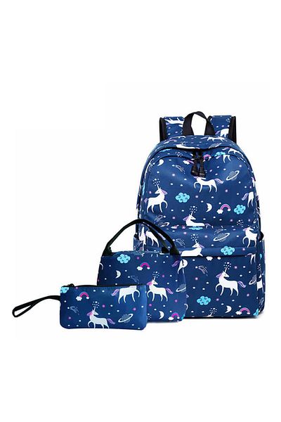 HALAMODO 3-Piece Unicorn Printed Backpack Set Blue/White/Pink
