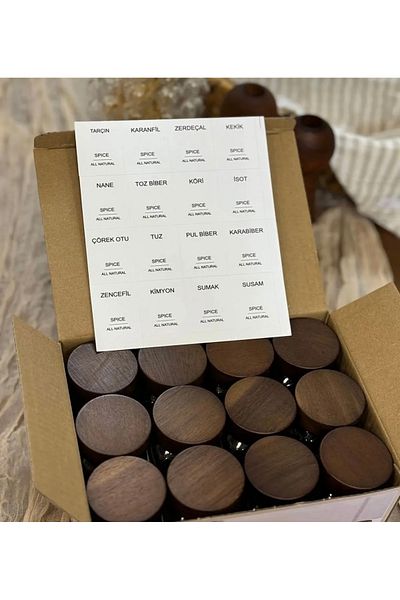 BLUE SİDE 12Pcs Acassia Pinterest Style Kitchen Organizer Spice Rack Mini Jar with 12 Labels