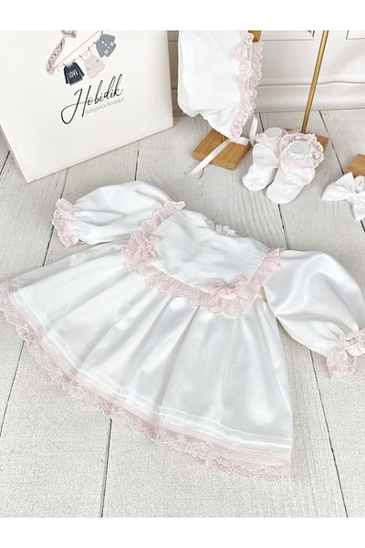 Hobidik Baby Girl Off-White Pink Laced Apron Dress Set