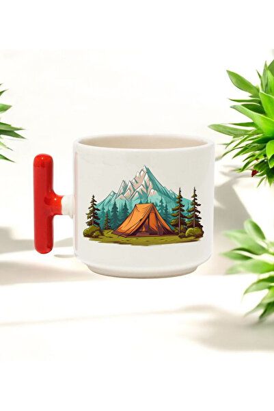 BB TRADE كوب سيراميك مطبوع بتصميم جبلي بمقبض على شكل حرف T باللون الأحمر سعة ...