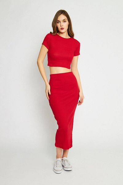 Oyga Red Women's Crop Blouse and Slit Skirt Set - Crew Neck
