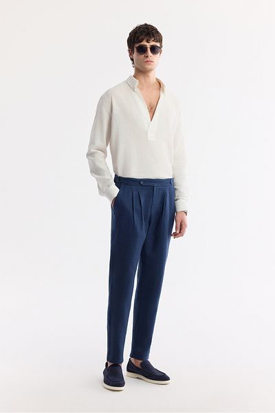 Avva Men's Navy Blue Relaxed Fit Classic Bell Epaulet Detailed 100% Linen Trousers A51Y3025