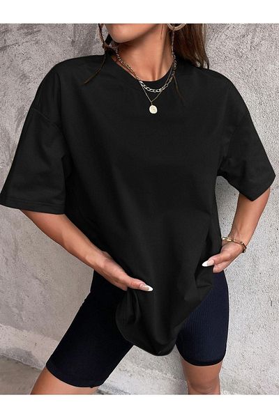DUBU BUTİK Απλό Basic T-Shirt - Μαύρο Oversize Crew Neck Κοντό μανίκι