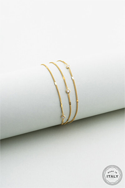 So CHIC... İtalyan 18 Ayar Sarı Altın Kaplama 19 Cm Gümüş Çoklu Bileklik
