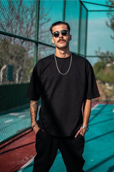 DUBU BUTİK Men's Black Oversize T-Shirt - Crew Neck, Short Sleeve