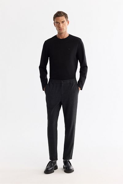 Avva Men's Black Slim Fit Pleated Plaid Double Leg Trousers with Elastic Sides A42Y3043