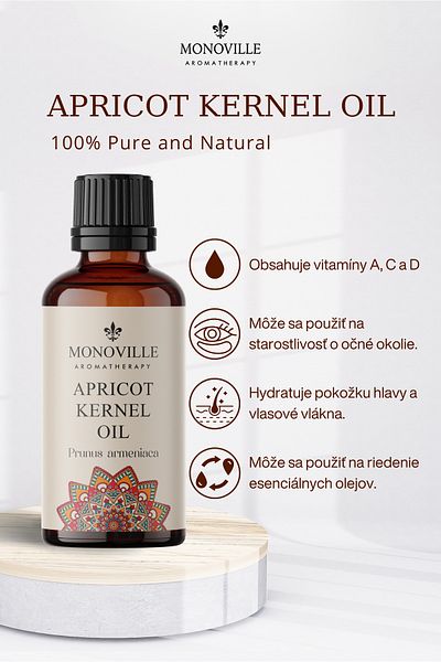 Monoville Olej z marhuľových jadier 30 ml za studena lisovaný 100% čistý a prírodný (Apricot Kernel Oil)