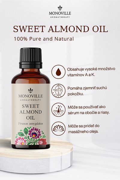 Monoville Za studena lisovaný sladký mandľový olej 100% čistý 30 ml (SLADKÝ MANDĽOVÝ OLEJ)