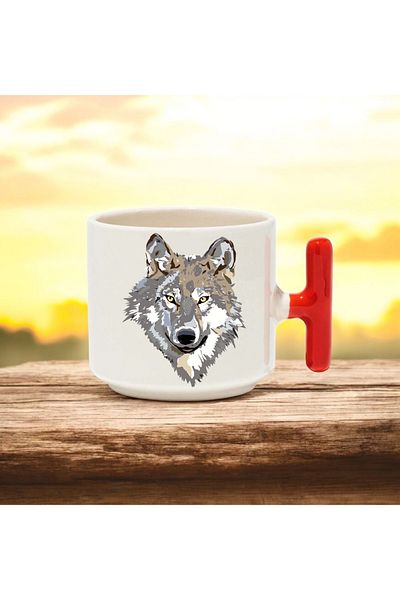 BB TRADE Wolf Head Designed Red t Handle Ceramic Printed Mug Cup 250 ml
