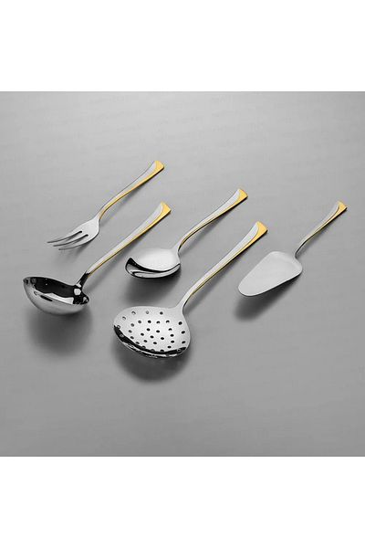 Nehir Maxi 24 Carat Satin Gold Plated 5 Piece Serving Set, Serving Spoon, Fork, Spoon Knife