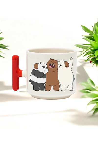 BB TRADE Red T-Handled Ceramic Printed Mug with Triple Teddy Bear Design 250 ml