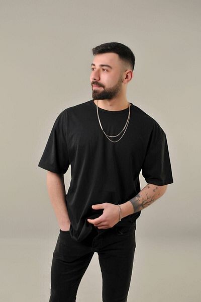 DUBU BUTİK Men's Plain Basic T-shirt - Black Oversize Crew Neck Short Sleeve T-Shirt