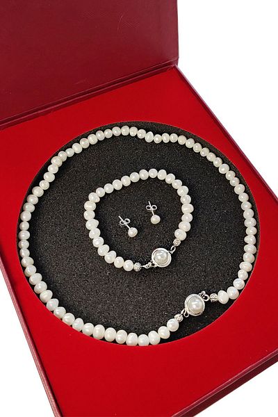 Chavin Natural Pearl Necklace Earrings Bracelet Special Boxed Set Ct83
