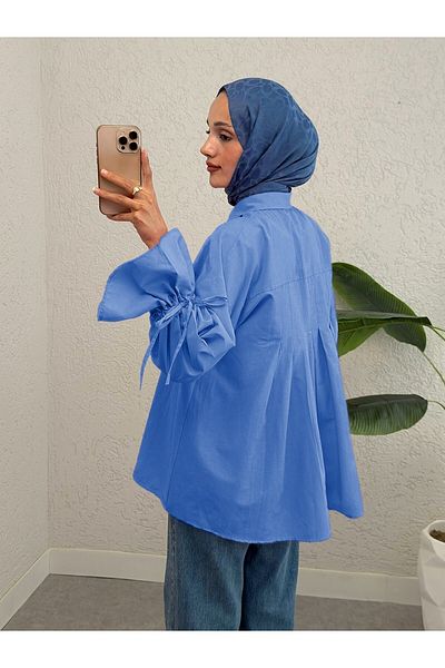 Modamorfo Hemd mit gerafften Ärmeln und plissiertem Rücken – Indigo