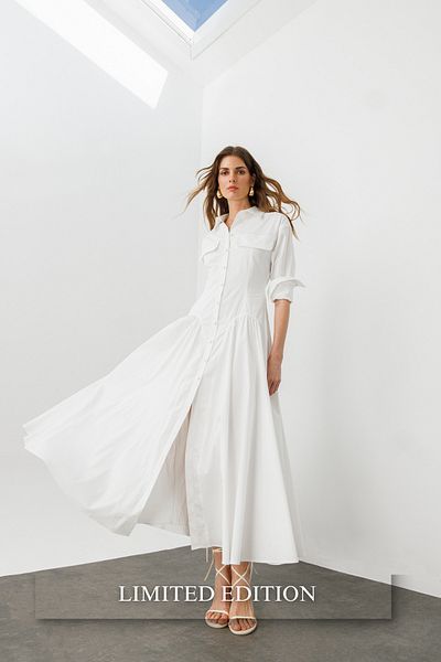 pieces of melon White Cotton Shirred Detailed Long Sleeve a Form Shirt Dress