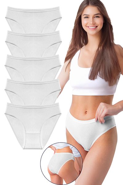 Bravie Women's 5-Piece Organic Cotton Ribbed Bikini Panties Bk2-White