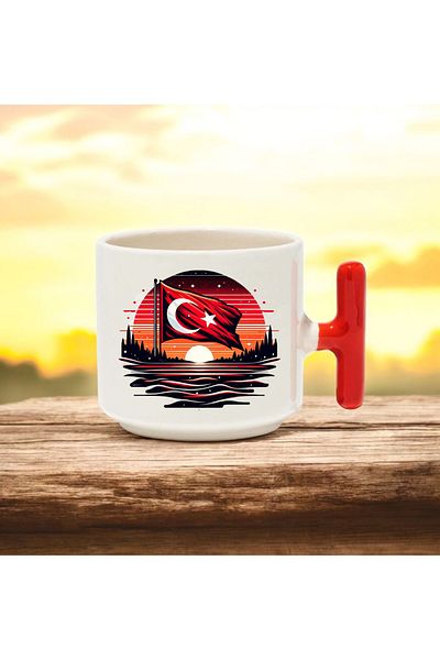 BB TRADE Turkish Flag Designed Red t Handled Ceramic Printed Mug Cup 250 ml
