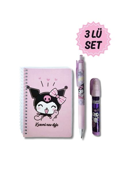 Ceylan Kırtasiye Kuromi Pink Set - Notepad, 07 Versatil Pen and Egg-Popping Rocket Eraser (3 Pieces) Chromium