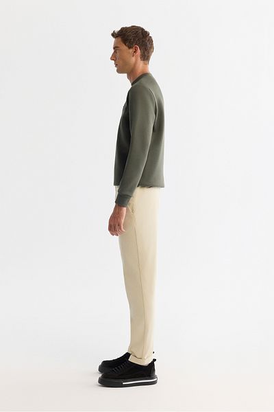 Avva Men's Beige Slim Fit Soft Button Double Leg Trousers with Elastic Sides A42Y3007