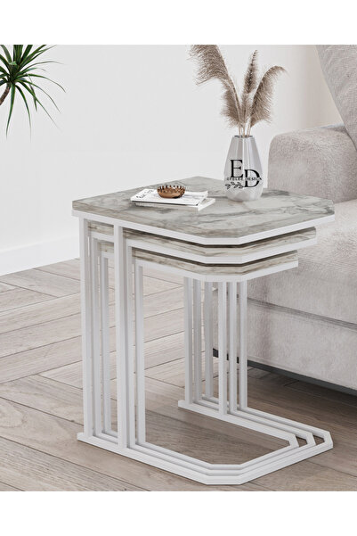 ED Efelez Design Zigon Sehpa , Lyon 3'lü C Zigon Sehpa Takımı , Beyaz Metal -...