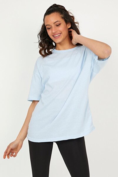 DUBU BUTİK Tricou simplu de bază - Tricou cu mânecă scurtă, albastru gheață, cu decolteu triplu