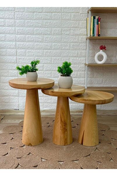 Reyo Mantar Sehpa Yan Sehpa Ihlamur Ağacı Mushroom Sehpa 3lü Set (50-45-40CM)