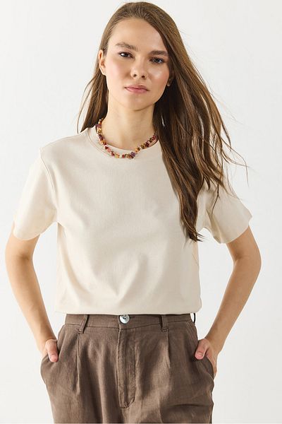 VENA Tricou cu decolteu O, confortabil, cu un singur tricou - NATURAL