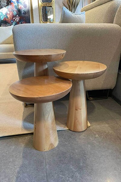 Reyo Mantar Sehpa Yan Sehpa Ihlamur Ağacı Mushroom Sehpa 3lü Set (50-45-40CM)
