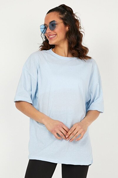 DUBU BUTİK Tricou simplu de bază - Tricou cu mânecă scurtă, albastru gheață, cu decolteu triplu