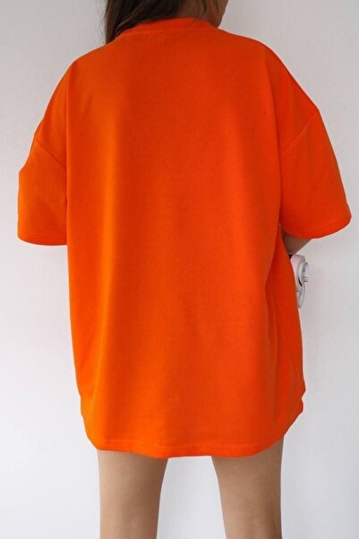 DUBU BUTİK Orange Oversize Plain T-Shirt - Crew Neck, Short Sleeve