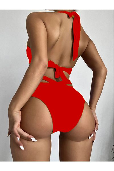 EZRA Bikini Suit Special Design Covered Wire Underwire Supported Cross Red Bikini Suit