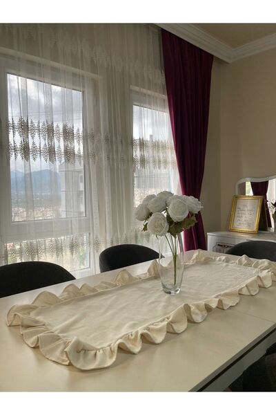 Kayasoft Buldan Işi Natural Vintage Runner Fırfırlı Keten Runner Sehpa Örtüsü 40x115