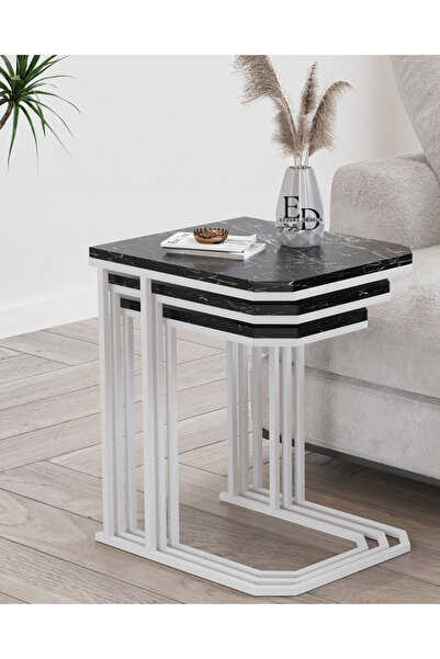 ED Efelez Design Zigon Sehpa , Lyon 3'lü C Zigon Sehpa Takımı , Beyaz Metal -...