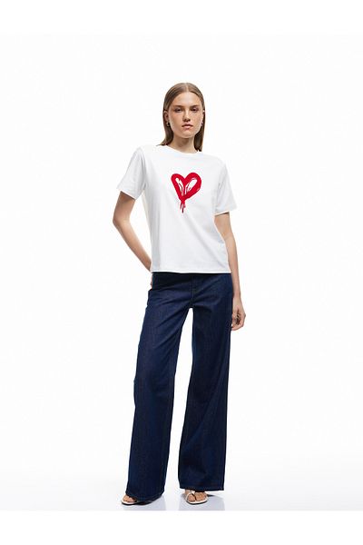 Koton Cotton Short Sleeve Crew Neck Heart Printed T-Shirt